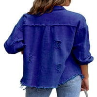 Лументо Дамски дънкови якета отворени предни ризи Дълъг ръкав блуза Дамски ежедневни туника риза хлабав Ревера врата върхове синьо 2хл