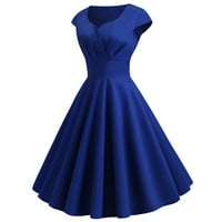 Клирънс Летни рокли за жени къс ръкав плътен Мода Коляното дължина А-линия в-врата парти рокля синьо ШЛ