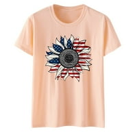 Usmixi дамски ризи 4 юли плюс размер моден патриотичен пуловер тройник върхове лято късо ръкав кръг дами дами слънчоглед САЩ флаг печат и блузи розови xxxl