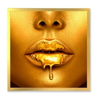 Дизайнарт 'Златна Боя Капе От Устните На Секси Момиче' Модерен Арт Принт В Рамка
