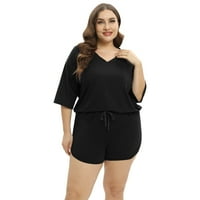 Женски плюс размер с къс ръкав отгоре и къси панталони пижама комплект шезлонг черен XL-4XL