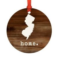 Държавен кръгъл метален коледно украшение, селски печат на дърво, Ню Джърси, включва панделка и чанта за подаръци