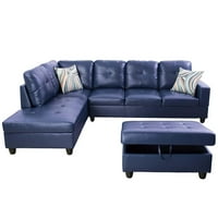 Мамспийс хол секционен диван с табуретка за съхранение, Модерен ПУ кожен Г-образен диван диван-син