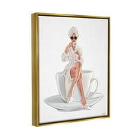 Ступел индустрии Шик жена халат кафе чаша дизайнерско лого Слънчеви очила метални златни рамки плаващо платно стена изкуство, 16х20