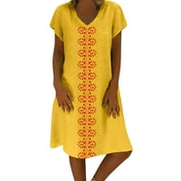 лятна рокля жени летен стил печатни памук и Лен ежедневни Плюс размер дами рокля с къс ръкав А-линия рокля лъжичка врата жълто