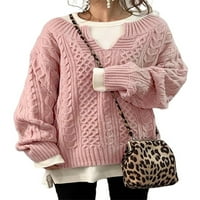 Glookwis жени кокетен пуловер v Врат кабел плетен пуловер с дълъг ръкав свободен пуловер джъмпер върхове розов XL