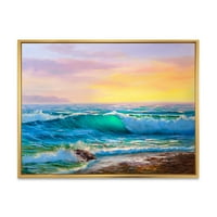 Дизайнарт 'сини вълни разбиващи се на плажа пейзаж Ив' морска и крайбрежна рамка платно за стена арт принт
