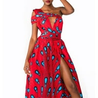 Африкански женски печат Направи си много носене рокля с каишка среден сплит пола от моп плюс размер рокля диня червена m