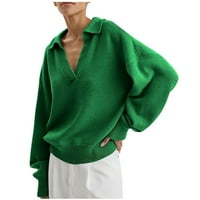 Тдокот дамски есенни зимни пуловери-Плътен цвят Дълъг ръкав плета пуловер В-врата Случайни пуловер за жени зелен размер хл