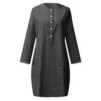 Voncos Mini рокли за жени на хлабина- есен зимен дълъг ръкав кръгла шия с джобове памучно бельо ежедневни модни жени рокли за лято черно размер m