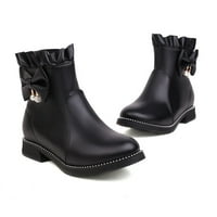 Женски глезени ботуши с нисък ток на глезени солиден цвят Bowknot Небрежни облечени обувки Черни размери 36