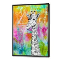 Монохромен Жираф Рисуване Върху Ярка Дъга В Рамка Живопис Платно Изкуство Печат