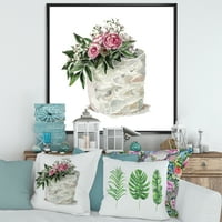 Дизайнарт 'бели цветя и розови рози върху торта' традиционна рамка платно за стена арт принт