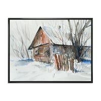 Дизайнарт 'Стара Изоставена Дървена Къща В Зимен Сняг Картина' Традиционна Рамка Платно Стена Арт Принт