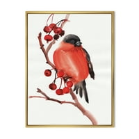 Дизайнарт 'Червена Щиглец Птица Седи На Клон С Плодове' Традиционна Рамка Платно Стена Арт Принт