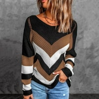 Жена Мода кръг врата хлабав дълъг ръкав цвят блок Топ плета пуловер пуловери за жени Пуловер пуловер Кафяв с
