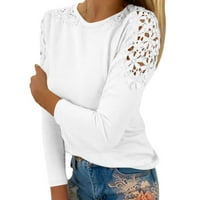 Pxiakgy блуза за жени за жени кръгла шия солиден цвят кухи шевове с дълъг ръкав тениска бяла+3xl