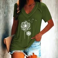 Дамски върхове Просвещение под $ голям размер V-образно блуза графични отпечатъци Небрежни тениски с къс ръкав Разхлабени туника върхове памук зелено l