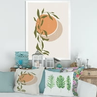 Дизайнарт 'абстрактна оранжева Луна и слънце с тропически листа' модерен арт принт в рамка