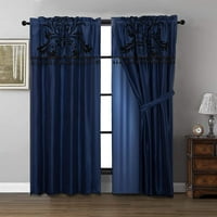 Chezmoi Collection Collection Collection 4-Piece Flocked Floral Fau Silk Window Cettain, Navy Black