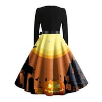 Черни рокли за жени готически гот Хелоуин печат с дълъг ръкав O-O-Neck Party Casual Yellow L