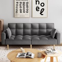 Тапициран разтегателен диван, модерен дизайн с копчета, регулируем диван, с ленени Възглавници и сгъстен дървен крак, Тъмно сив