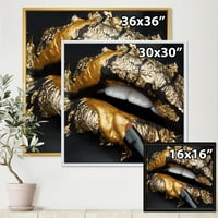 Дизайнарт 'женски устни с черна кожа и златно фолио' модерна рамка платно за стена арт принт