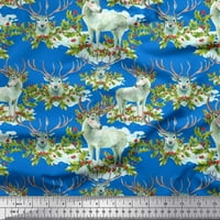 Soimoi Cotton Poplin Fabric Red Berries, Holly Leaves & Reindeer Animal Print Fabric край двора