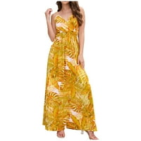 Дамски лятна рокля ежедневна плажна люлка ежедневна рокля спагети каишки лека флорална дълга рокля жълта 2xl