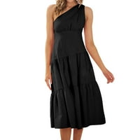 B91XZ летни рокли за жени женски бохо лято отпечатани едно рамо без ръкави, пушани тестени макси рокли, плюс рокли с размер черни, размери XL