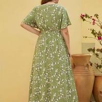 Б91хз рокли за жени Дамски големи размери Флорални печатни колан средата ръкав шифон ежедневни елегантни Дълбоко в висока талия дълги Хавайски рокли за жени зелено,3хл