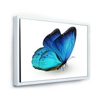 Дизайнарт 'Близък План На Жива Синя Пеперуда Върху Бяло' Модерна Рамка Платно Стена Арт Принт