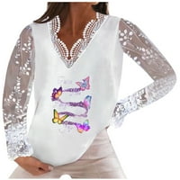 HHEI_K Женски моден V-образен отпечатан пачуърк дантела с дълъг ръкав пуловер ежедневно тениска с ризи за жени