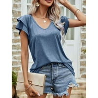 Hanas Women's Top Fashion Summer Summer Fore V-Neck Double Layer Peplum тениска с къс ръкав сив m