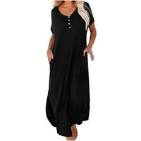 Женски ежедневни разхлабени слънчеви рокля дълга рокля с къс ръкав макси рокли лятна плажна рокля с джобове черни s, размер на САЩ: 4