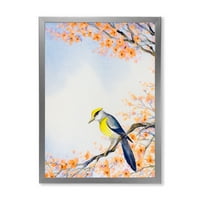 Красива синя птица седи на цъфтежа клон и рамка живопис платно изкуство печат