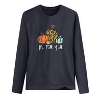 Тениски за есен за жени Деня на благодарността Смешни тиквени графични тройници Екипаж Шорт къси панталони Основни разхлабени модни върхове Сив m