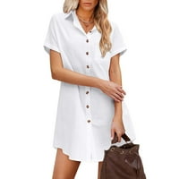 Дамски блузи с къс ръкав в-Деколте твърди летни основни Блузи ежедневни средно дълги бутони надолу леки свободни блузи бели л