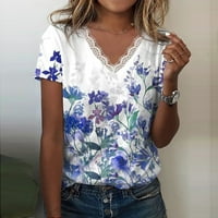 Дамски свободен основен тениска флорален печат Дамски блузи в врата дантела къс ръкав летни ежедневни върхове Циан с