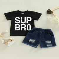 Aturuste Baby Boys Outfit с къси ръкави върхове + дънкови къси панталони Писмо еластична талия Случайния стил Лято