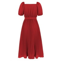 Рокли за жени Лятна ежедневна рокля солидна V-образно деколте с късо ръкав рокля с пеплум в средна дължина рокли червен m