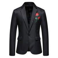 Symoid Mens Blazer Coats & Jackets- Единичен бутон Случайна бизнес роза бродерия Костюм яке черен L