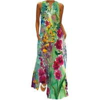 Xysaqa Summer Vibrant Maxi рокли за дамски ежедневни V-образни вещи Boho Vintage Floral Print Дълга рокля Разхлабена рокля без ръкави на просвет