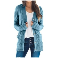 Strungten дамски твърд цвят жилетка джобове с дълъг ръкав отворен предни плетачи палто