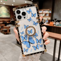 Квадратен калъф, съвместим с iPhone Pro Max, Glitter Butterfly Pattern Shockproof Protection Тежък син телефон със стойка за пръстен, FGF415