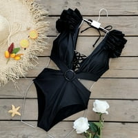 Един бански костюм за жени халтер бански костюми избутват корема на корема monikini пълна покривка бански костюми v шия ретро плажки дрехи черни s