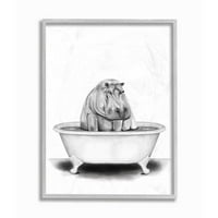 Ступел индустрии хипопотам във вана смешно животно Баня рисуване сива рамка изкуство печат стена изкуство, 16х20