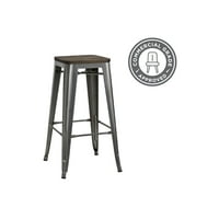 Фюжън 30 Стифиращ се метален бар стол без гръб с дървена седалка, пистолет метал, комплект от 2