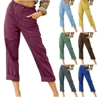 wavsuf жени с пълна дължина ежедневни панталони високи възход с джобове Твърдо памучно спално бельо прав крак просвет жълти юноши панталони размер m