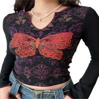 Женски нарязани V върхове на шията винтидж пеперуда печат с дълъг ръкав тънка тениска небрежна блуза